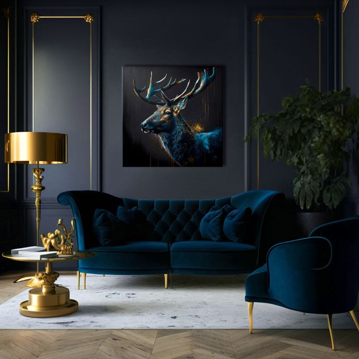 Art deco obraz na plátne s motívom PREMIUM ART - Peaceful Forest Guardian, jeleň v modro-zlatých odtieňoch, majestátna atmosféra, vhodný do pracovne – produkt, pohľad 3