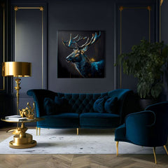 Art deco obraz na plátne s motívom PREMIUM ART - Peaceful Forest Guardian, jeleň v modro-zlatých odtieňoch, majestátna atmosféra, vhodný do pracovne – produkt, pohľad 3