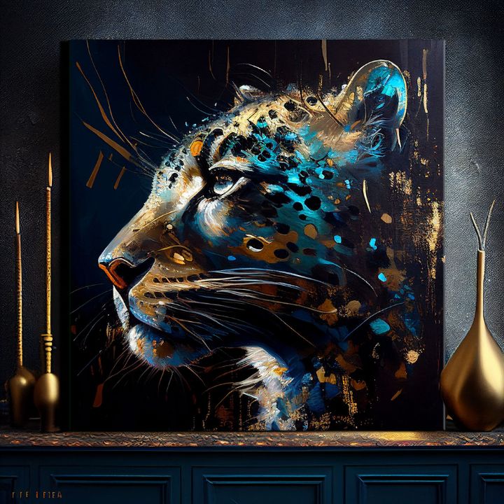 Pop art obraz na plátne s motívom PREMIUM ART - Spotted Hunter's Elegance v modro-zlatých odtieňoch, majestátna atmosféra, luxusný dojem a sila – produkt