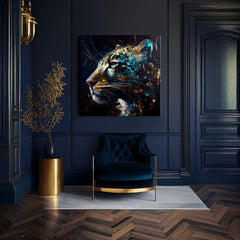 Pop art obraz na plátne s motívom PREMIUM ART - Spotted Hunter's Elegance v modro-zlatých odtieňoch, majestátna atmosféra, luxusný dojem a sila – produkt, pohľad 2