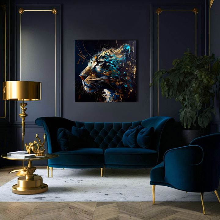 Pop art obraz na plátne s motívom PREMIUM ART - Spotted Hunter's Elegance v modro-zlatých odtieňoch, majestátna atmosféra, luxusný dojem a sila – produkt, pohľad 3