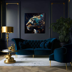 Pop art obraz na plátne s motívom PREMIUM ART - Spotted Hunter's Elegance v modro-zlatých odtieňoch, majestátna atmosféra, luxusný dojem a sila – produkt, pohľad 3