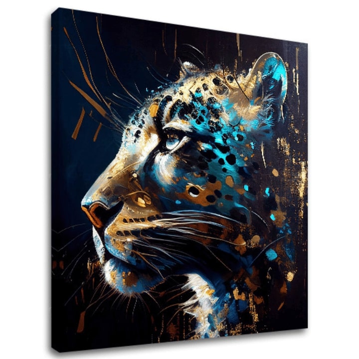 Pop art obraz na plátne s motívom PREMIUM ART - Spotted Hunter's Elegance v modro-zlatých odtieňoch, majestátna atmosféra, luxusný dojem a sila – hlavný