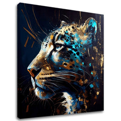 Pop art obraz na plátne s motívom PREMIUM ART - Spotted Hunter's Elegance v modro-zlatých odtieňoch, majestátna atmosféra, luxusný dojem a sila – hlavný