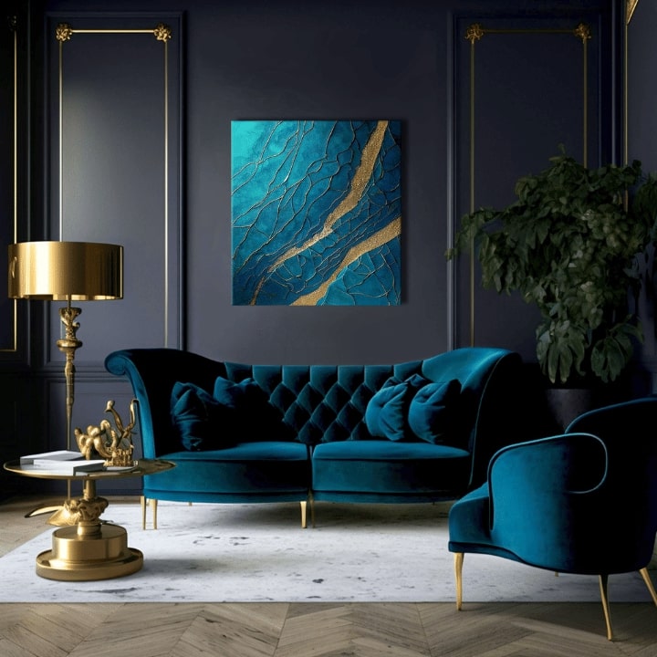 Pop art obraz na plátne s motívom Infinite Layers of Abstraction v tyrkysovo-zlatých odtieňoch, elegantná atmosféra, luxusný dojem a príroda – produkt, pohľad 2