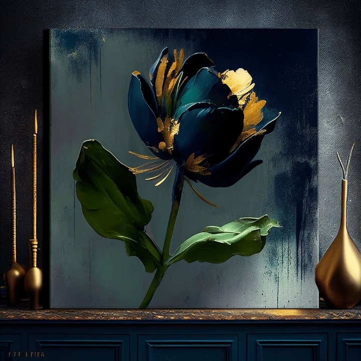 Industriálny obraz na plátne s motívom Garden's Vibrant Heartbeat, kvet, tulipán, listy, krajina v modro-sivých odtieňoch, elegantná atmosféra – produkt