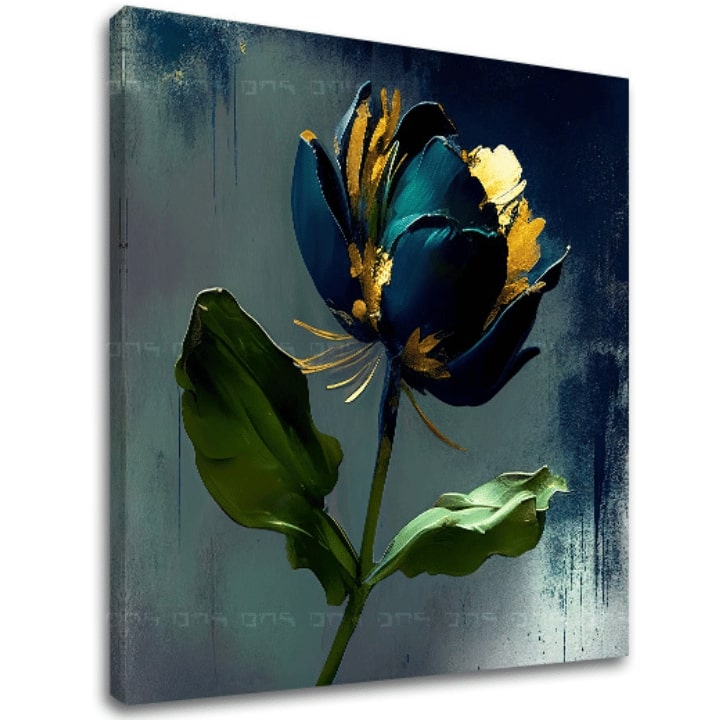 Industriálny obraz na plátne s motívom Garden's Vibrant Heartbeat, kvet, tulipán, listy, krajina v modro-sivých odtieňoch, elegantná atmosféra – hlavný