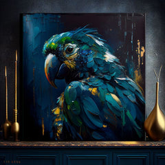 Pop art obraz na plátne s motívom PREMIUM ART - Rainbow Feathers in Flight, vták v modro-zelených odtieňoch, dramatická atmosféra, vhodný do pracovne – produkt