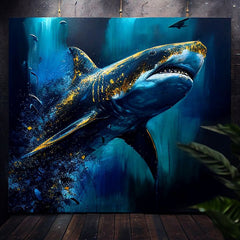 V boho štýle obraz na plátne s motívom PREMIUM ART - Shark Force in Dark Water, oceán, more a pláž v modro-zlatých odtieňoch, majestátna atmosféra – produkt
