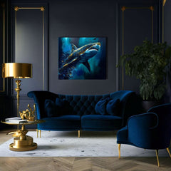 V boho štýle obraz na plátne s motívom PREMIUM ART - Shark Force in Dark Water, oceán, more a pláž v modro-zlatých odtieňoch, majestátna atmosféra – produkt, pohľad 2