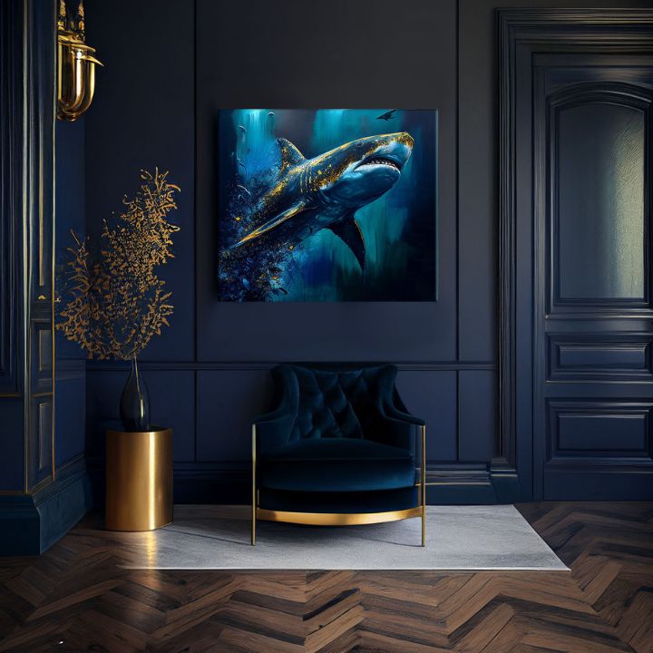 V boho štýle obraz na plátne s motívom PREMIUM ART - Shark Force in Dark Water, oceán, more a pláž v modro-zlatých odtieňoch, majestátna atmosféra – produkt, pohľad 3