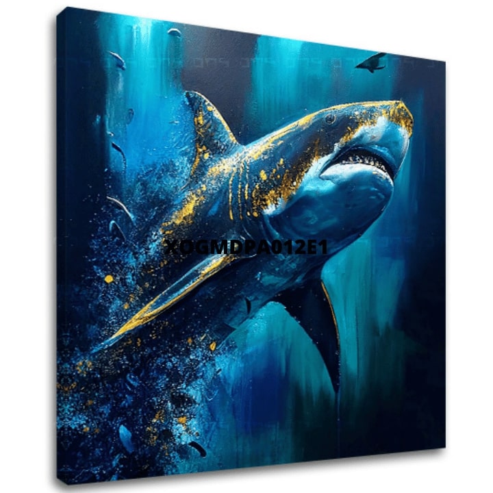 V boho štýle obraz na plátne s motívom PREMIUM ART - Shark Force in Dark Water, oceán, more a pláž v modro-zlatých odtieňoch, majestátna atmosféra – hlavný