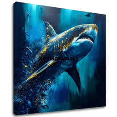 V boho štýle obraz na plátne s motívom PREMIUM ART - Shark Force in Dark Water, oceán, more a pláž v modro-zlatých odtieňoch, majestátna atmosféra – hlavný