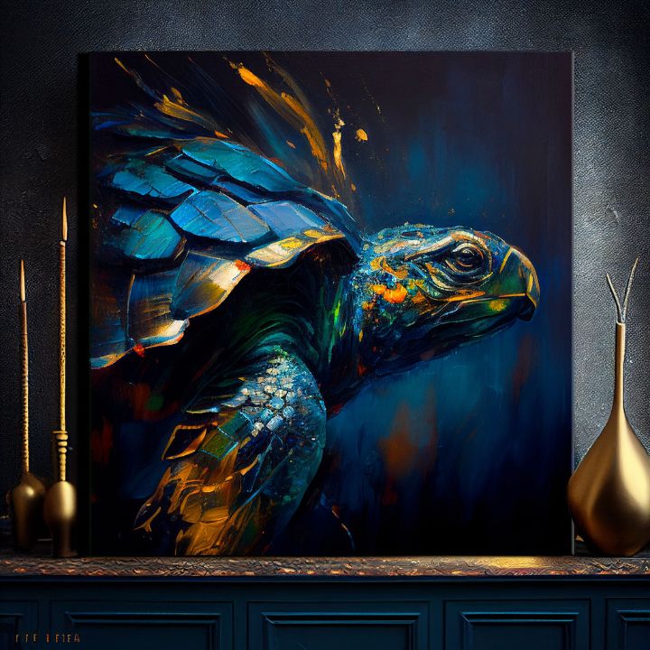 Pop art obraz na plátne s motívom PREMIUM ART - Green Turtle Odyssey, oceán, krajina, príroda v modro-zlatých odtieňoch, pokojná atmosféra, vhodný do obývačky – produkt