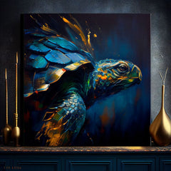 Pop art obraz na plátne s motívom PREMIUM ART - Green Turtle Odyssey, oceán, krajina, príroda v modro-zlatých odtieňoch, pokojná atmosféra, vhodný do obývačky – produkt