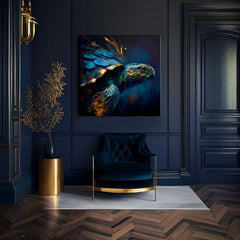 Pop art obraz na plátne s motívom PREMIUM ART - Green Turtle Odyssey, oceán, krajina, príroda v modro-zlatých odtieňoch, pokojná atmosféra, vhodný do obývačky – produkt, pohľad 2