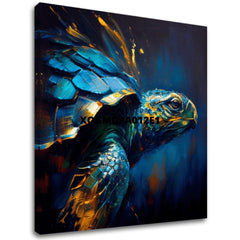 Pop art obraz na plátne s motívom PREMIUM ART - Green Turtle Odyssey, oceán, krajina, príroda v modro-zlatých odtieňoch, pokojná atmosféra, vhodný do obývačky – hlavný