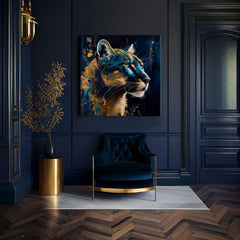 Art deco obraz na plátne s motívom PREMIUM ART - Silent Puma's Gaze, krajina, príroda v modro-zlatých odtieňoch, majestátna atmosféra, vhodný do pracovne – produkt