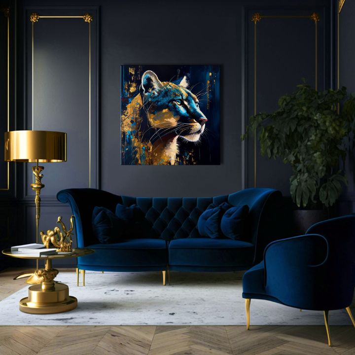 Art deco obraz na plátne s motívom PREMIUM ART - Silent Puma's Gaze, krajina, príroda v modro-zlatých odtieňoch, majestátna atmosféra, vhodný do pracovne – produkt, pohľad 2