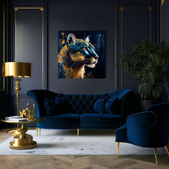 Art deco obraz na plátne s motívom PREMIUM ART - Silent Puma's Gaze, krajina, príroda v modro-zlatých odtieňoch, majestátna atmosféra, vhodný do pracovne – produkt, pohľad 2