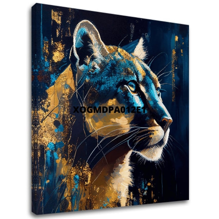 Art deco obraz na plátne s motívom PREMIUM ART - Silent Puma's Gaze, krajina, príroda v modro-zlatých odtieňoch, majestátna atmosféra, vhodný do pracovne – hlavný