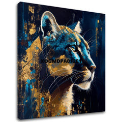 Art deco obraz na plátne s motívom PREMIUM ART - Silent Puma's Gaze, krajina, príroda v modro-zlatých odtieňoch, majestátna atmosféra, vhodný do pracovne – hlavný