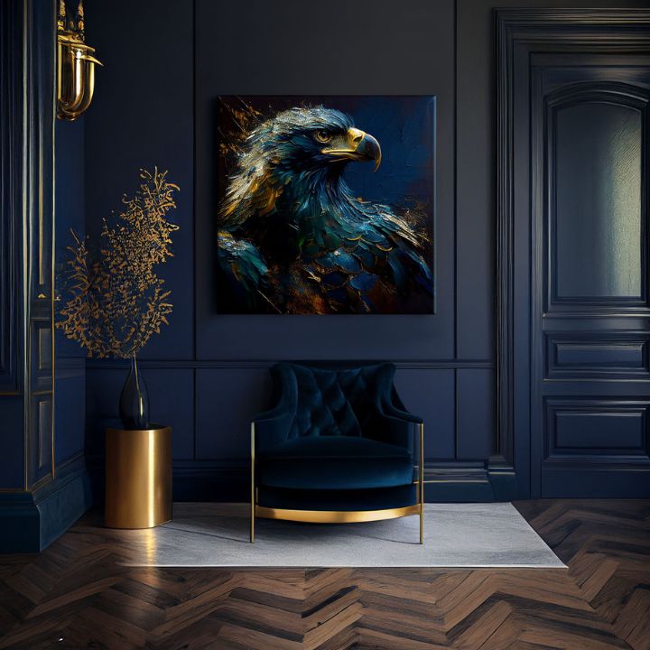 Art deco obraz na plátne s motívom PREMIUM ART - Wilderness's Fearless Hunter, orol v modro-zlatých odtieňoch, majestátna atmosféra, vhodný do kancelárie – produkt