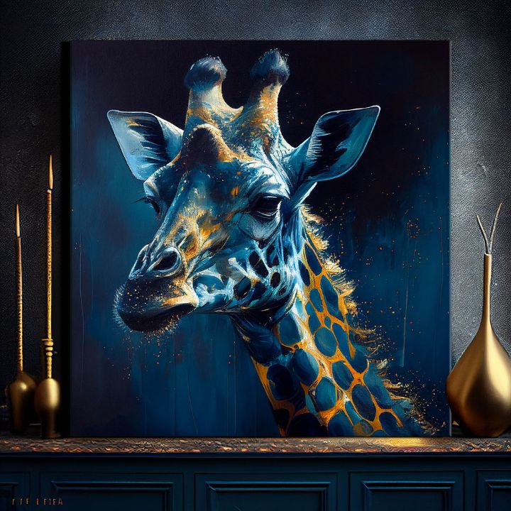 Pop art obraz na plátne s motívom PREMIUM ART - Towering Majesty of Giraffe, krajina, príroda v modro-zlatých odtieňoch, príroda, vhodný do pracovne – produkt