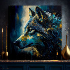 Art deco obraz na plátne s motívom PREMIUM ART - Wilderness in Wolf Eyes, vlk v modro-zlatých odtieňoch, intenzívna atmosféra, vhodný do pracovne – produkt
