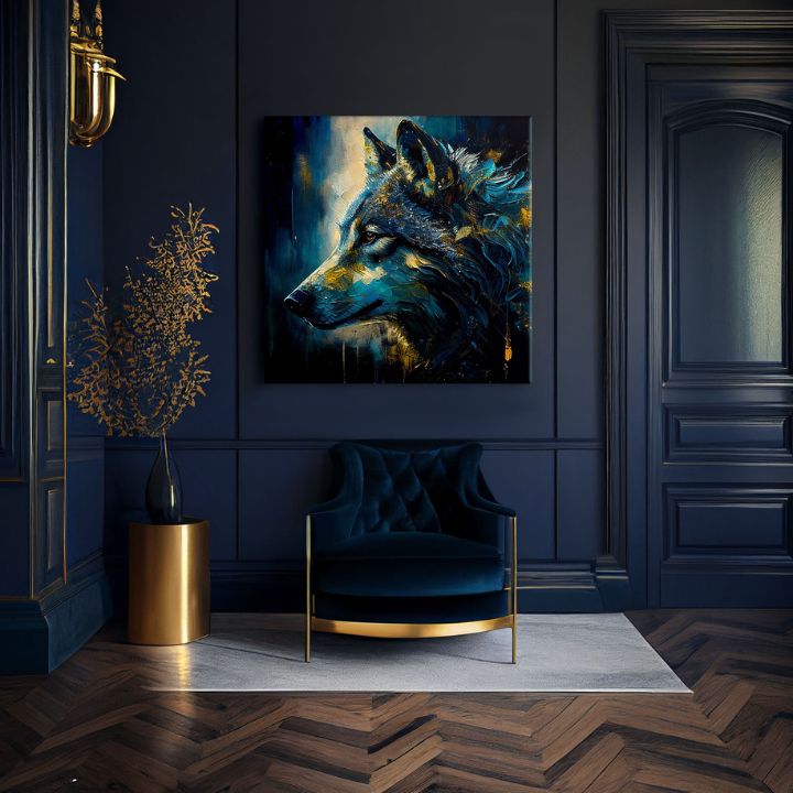 Art deco obraz na plátne s motívom PREMIUM ART - Wilderness in Wolf Eyes, vlk v modro-zlatých odtieňoch, intenzívna atmosféra, vhodný do pracovne – produkt, pohľad 2