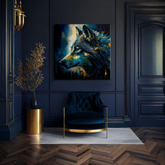 Art deco obraz na plátne s motívom PREMIUM ART - Wilderness in Wolf Eyes, vlk v modro-zlatých odtieňoch, intenzívna atmosféra, vhodný do pracovne – produkt, pohľad 2
