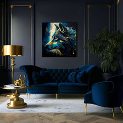 Art deco obraz na plátne s motívom PREMIUM ART - Wilderness in Wolf Eyes, vlk v modro-zlatých odtieňoch, intenzívna atmosféra, vhodný do pracovne – produkt, pohľad 3