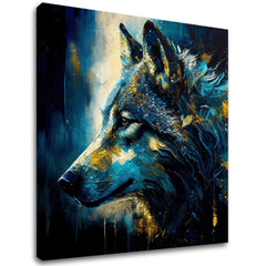 Art deco obraz na plátne s motívom PREMIUM ART - Wilderness in Wolf Eyes, vlk v modro-zlatých odtieňoch, intenzívna atmosféra, vhodný do pracovne – hlavný