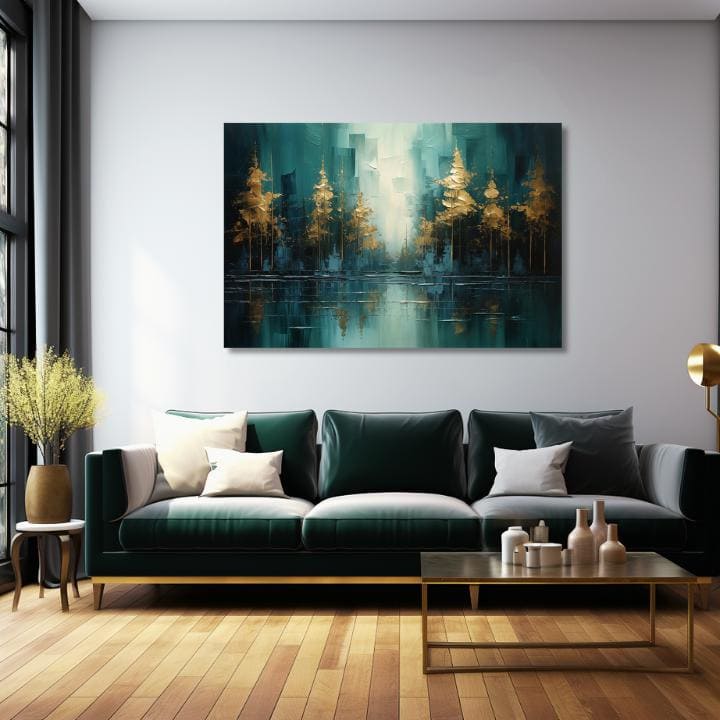 Art deco obraz na plátne s motívom stromy, krajina, mapa, príroda v modro-zelených odtieňoch, pokojná atmosféra, príroda a zamyslenie, vhodný do obývačky – produkt