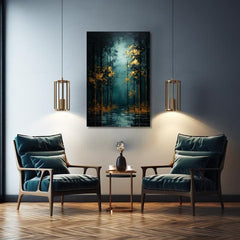 Art deco obraz na plátne s motívom stromy, les, krajina, príroda v modro-zelených odtieňoch, príroda a tajomstvo, vhodný do obývačky | Moderný nástenný dekor Zlatá listová fantázia - PREM..., pohľad 4