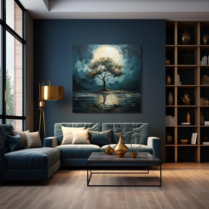 Art deco obraz na plátne s motívom strom, mesiac, príroda v bielo-modrých odtieňoch, pokojná atmosféra, samota a príroda, vhodný do obývačky – produkt