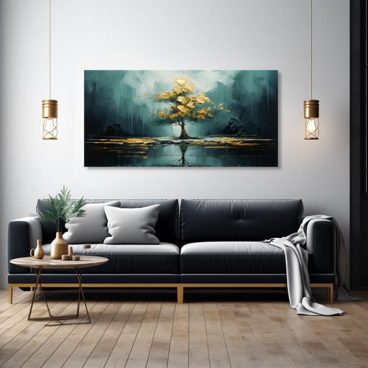 Art deco obraz na plátne s motívom strom, opar, príroda v modro-zelených odtieňoch, pokojná atmosféra, príroda a zamyslenie, vhodný do obývačky – produkt
