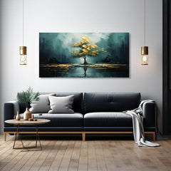 Art deco obraz na plátne s motívom strom, opar, príroda v modro-zelených odtieňoch, pokojná atmosféra, príroda a zamyslenie, vhodný do obývačky – produkt