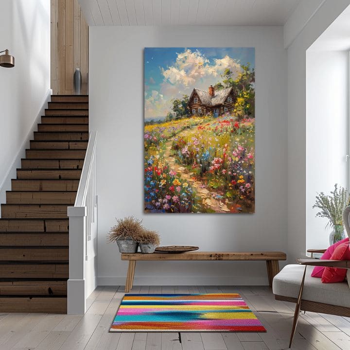 Pop art obraz na plátne s motívom Chalúpka v kvetinovom poli, obloha, stromy, detský motív, zviera v modro-ružových odtieňoch, vhodný do obývačky – produkt, pohľad 2