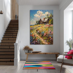 Pop art obraz na plátne s motívom Chalúpka v kvetinovom poli, obloha, stromy, detský motív, zviera v modro-ružových odtieňoch, vhodný do obývačky – produkt, pohľad 2