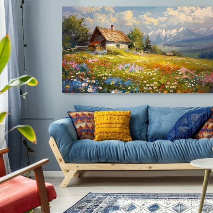 Moderný obraz na plátne s motívom Farebná kvetinová lúka, hory, obloha, vtáky v modro-bielych odtieňoch, pokojná atmosféra, príroda a domov | Obraz na plátne Farebná kvetinová lúka – produkt, pohľad 2