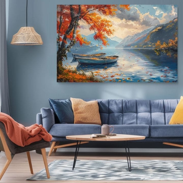 Art deco obraz na plátne s motívom Jesenné listy pri jazere, jazero, stromy, hory, obloha v modro-oranžových odtieňoch, pokojná atmosféra, vhodný do obývačky – produkt, pohľad 2