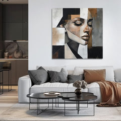 Art deco obraz na plátne s motívom žena, tvár, portrét, ľudia v bielo-béžových odtieňoch, pokojná atmosféra, vhodný do obývačky | Elegantný obraz ženy Magická dokonalosť – produkt
