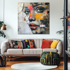 V boho štýle obraz na plátne s motívom príroda, ľudia v modro-zlatých odtieňoch, intenzívna atmosféra, vhodný do kancelárie | Elegantný obraz ženy Návšteva z budúcnosti – produkt