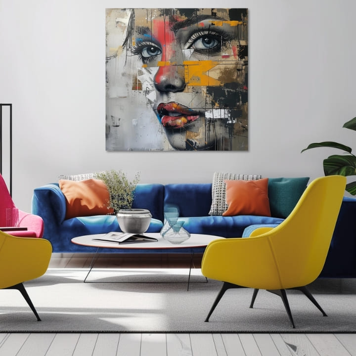 V boho štýle obraz na plátne s motívom príroda, ľudia v modro-zlatých odtieňoch, intenzívna atmosféra, vhodný do kancelárie | Elegantný obraz ženy Návšteva z budúcnosti – produkt, pohľad 2