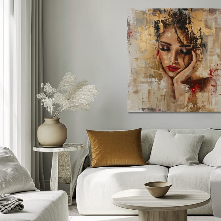 Art deco obraz na plátne s motívom žena, tvár, náboženský motív, ľudia v béžovo-zlatých odtieňoch, krása, vhodný do obývačky | Elegantný obraz ženy Pôvabná múza – produkt, pohľad 2