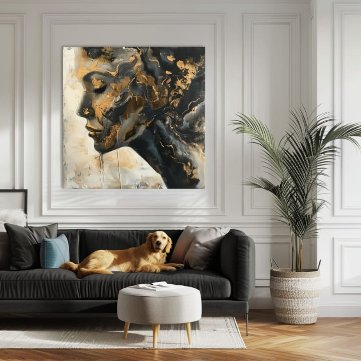 Industriálny obraz na plátne s motívom žena, tvár, ľudia v béžovo-sivých odtieňoch, elegantná atmosféra, luxusný dojem | Elegantný obraz ženy Meditácia – produkt