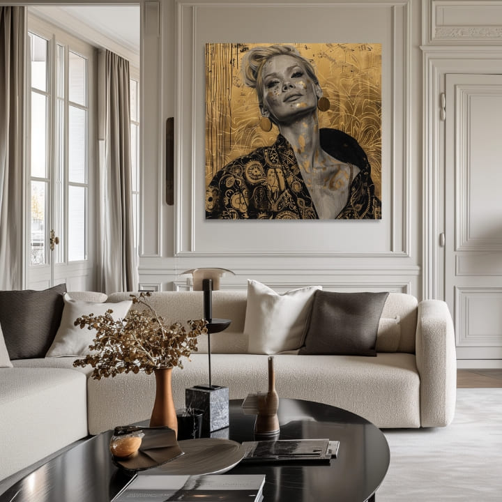 Art deco obraz na plátne s motívom žena, portrét, ľudia v béžovo-zlatých odtieňoch, elegantná atmosféra, luxusný dojem, vhodný do obývačky | Elegantný obraz ženy Sebadôvera – produkt, pohľad 3