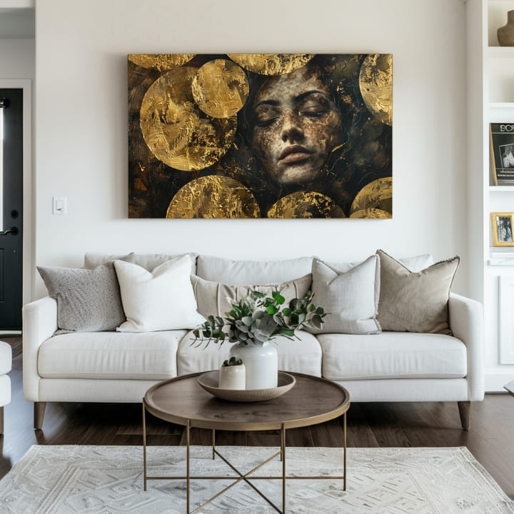Art deco obraz na plátne s motívom náboženský motív, ľudia v zlato-čiernych odtieňoch, duchovnosť a sny, vhodný do obývačky | Elegantný obraz ženy Pod hladinou – produkt