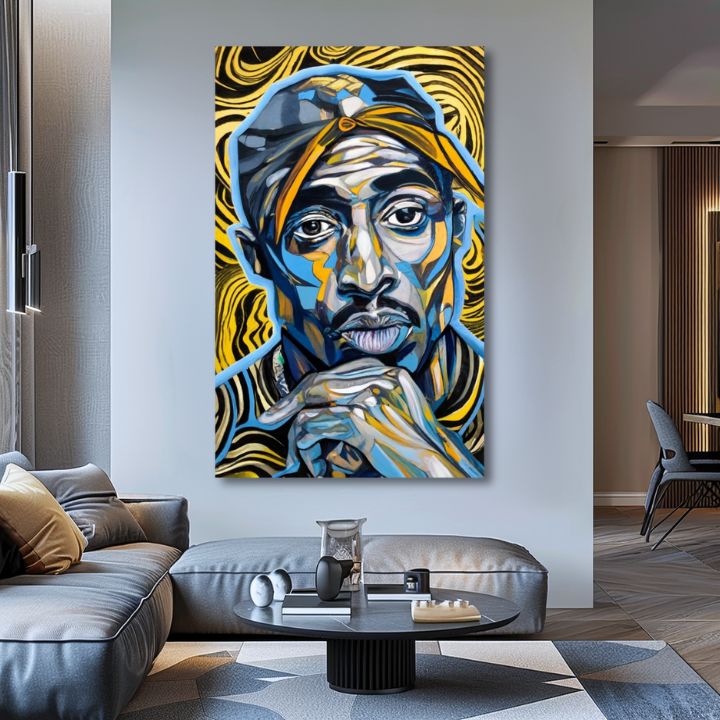 Ručne maľovaný obraz na plátne s motívom Tupac Shakur - Zlaté tóny rapu v zlato-čiernych odtieňoch, intenzívna atmosféra, sláva | Obraz Tupac Shakur - Zlaté tóny rapu – produkt